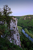 View to the Eichfelsen rocks above the Danube river, near Beuron monastery, Upper Danube nature park, Danube river, Baden-Württemberg, Germany