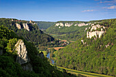 View over the Danube valley towards Werenwag castle, Upper Danube nature park, Danube river, Baden-Württemberg, Germany