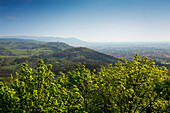 View from Auerbach castle near Bensheim towards Starkenburg castle near Heppenheim, Hessische Bergstrasse, Hesse, Germany