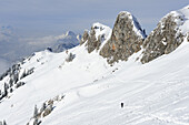 Skitourengeher steigt unter Felszacken der Rotwand auf, Rotwand, Spitzinggebiet, Bayerische Voralpen, Bayerische Alpen, Oberbayern, Bayern, Deutschland