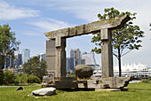 gate in Crab Park, with view west to downtown Vancouver, BC, Canada