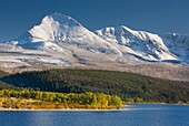 Saint Mary Lake and Divide Mountain after autumn snowstorm, Glacier National Park Montana USA