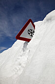 Traffic sign in snow, Sierra Nevada, Granada province, Andalusia, Spain