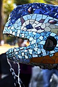 Spain, Cataluna, Barcelona, el Coll, Detail of the multicoloured mosaic dragon fountain in Park Guell