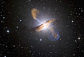 This image of Centaurus A shows a spectacular new view of a supermassive black hole´s power  Jets and lobes powered by the central black hole in this nearby galaxy are shown by submillimeter data colored orange from the Atacama Pathfinder Experiment APEX