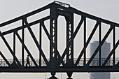 Eiserner Steg with Westhafen Tower, Frankfurt am Main, Hesse, Germany