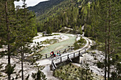 Cyclists passing bridge, Isar Cycle Route, Hinterau Valley, Karwendel range, Tyrol, Austria
