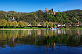 View over Main river to Henneburg castle, Stadtprozelten, Main river, Odenwald, Spessart, Franconia, Bavaria, Germany