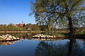 View over Main river to Hafenlohr, Main river, Odenwald, Spessart, Franconia, Bavaria, Germany