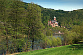 View over Neckar river to Zwingenberg castle, Neckar, Baden-Württemberg, Germany