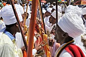 Ethiopia, Lalibela,Timkat festival, Ritual dance of the Dabtaras choristers  Every year on january 19, Timkat marks the Ethiopian Orthodox celebration of the Epiphany  The festival reenacts the baptism of Jesus in the Jordan River  Wrapped in rich cloth