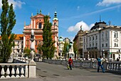 Triple Bridge and Franciscan Church of the Annunciation in Ljubljana Slovenia Europe