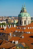 Rooftops of Mala Strana and the dome of Sv Mikulas church in Mala Strana district of Prague Czech Republic Europe