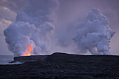 Smoking craters at the coast in the evening, Chain of Craters Road, Pu'u 'O'o, Big Island, Hawaii, USA, America