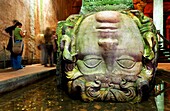 Yerebatan Cistern Museum  Medusa head  Byzantine cisterns, was built by Justinian in 532AD  It is supported by 336 columns and once held over 80,000 cubic metres of water  Istanbul  Turkey
