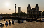 Barcelona: Skyline in the port of barcelona, as seen from Rambla de Mar  At left Christopher Columbus monument