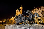 Eger, Hungary  Dobo Istvan monument in front of the Minorite Church  Dobo Istvan is on of the Hungarian national heros  With very few citizens he defended Eger successfully against the tukish army in the ottoman war of 1552  Nightshoot during full moon