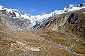 the valley Maurer Tal in the national park Hohen Tauern with a view of the glacier Maurer Kees and the crossing Maurer Toerl  The glacier Maurer Kees is retreating rapidly, the crossing Maurer Toerl has already lost its ice cover   During the little Ice A