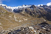 the valley Maurer Tal in the national park Hohe Tauern with a view of the glacier Maurer Kees and the crossing Maurer Toerl  The glacier Maurer Kees is retreating rapidly, the crossing Maurer Toerl has already lost its ice cover   During the little Ice Ag