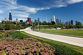 Female joggers running along path with Chicago skyline in distance