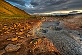 Mud pools at sunset at Theistareykir, Iceland