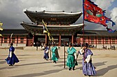 The changing of the guard ceremony at Gyeongbokgung Palace in South Koreas Capital Seoul, Asia