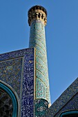 entrance Iwan and minarette of Shah or Imam, Emam Mosque at Meidan-e Emam, Naqsh-e Jahan, Imam Square, UNESCO World Heritage Site, Esfahan, Isfahan, Iran, Persia, Asia