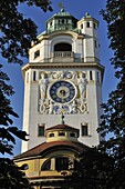 Art Deco clock tower of Müllersches Volksbad, a public swimming pool, Munich, München, Bavaria, Germany, Europe