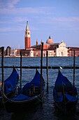 Italy, Venice, San Giorgio Maggiore church, gondolas