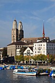 Switzerland, Zurich, Grossmünster, Cathedral, Limmat River, boats