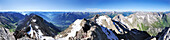 Panorama from Parseierspitze summit with view towards Oetztal mountaim range, Swiss mountains, Lechtal range and Allgaeu mountain range, Parseierspitze, Lechtal range, Tyrol, Austria