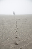 Fußspuren im Nebel führen zum Geländewagen, Skeleton Coast, Namibia, Afrika