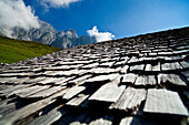 Shingle roof of the alpine hut Brandstätthütte, In the region of Hochkönig, Salzburger Land, Austria