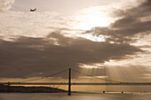 Ponte 25 de Abril bridge on Tagus River at sunrise, Lisbon, Lisboa, Portugal, Europe