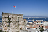 Moorish fortification tower and cityscape, Gibraltar, Europe