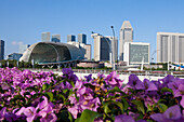 Skyline an der Marina Bay mit Esplanade Theater und Hotel Mandarin Oriental, Singapur, Asien