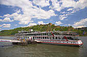 Schiffsanlegestelle am Adenauer-Ufer, Ausflugsschiff, Festung Ehrenbreitstein, Koblenz, Rhein, Mosel, Rheinland-Pfalz, Deutschland, Europa