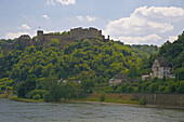 Rheinfels castle, St. Goar, Shipping on the river Rhine, Köln-Düsseldorfer, Mittelrhein, Rhineland-Palatinate, Germany, Europe