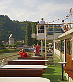 On deck, People, Shipping on the river Rhine, Köln-Düsseldorfer, Mittelrhein, Rhineland-Palatinate, Germany, Europe