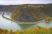 View over river Rhine to Lorelei rock, near St. Goarshausen, Rhineland-Palatinate, Germany