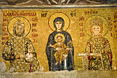 Comnenos mosaic (John II Komnenos and empress Irene standing beside the Virgin Mary holding the Child Christ) in Hagia Sophia, Istanbul, Turkey