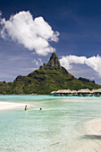 Huts, lagoon and Mount Pahia, Bora Bora island, Society Islands, French Polynesia (May 2009)