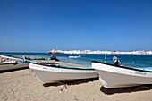fishingboats at the sandy beach in the village Sur, Ash Sharqiyah Region, Arabian Sea, Sultanate of Oman, Asia