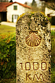France. Aquitaine. Landes on theVia Lemovicensis,  (pilgrimage way to Santiago de Compostela), a milestone telling that there is still 1000 km. to Santiago, at Retjons.