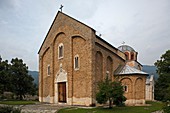 Serbia, Studenica Monastery, founded by Grand Prince Stefan Nemanja, Church of the Virgin, late 12th century, Orthodox, christian, religious, exterior, outside, facade, colour, cupolas