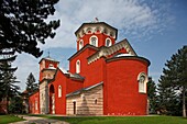Serbia, Zica Monastery, early 12th century, first Serbian autonomous Archbishopric from 1218, Orthodox, christian, religious, exterior, outside, facade, colour