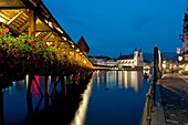 Europe, Switzerland, Lucerne, chapel bridge dusk