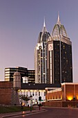 USA, Alabama, Mobile, Fort Conde, b 1711, RSA Tower and Riverview Plaza buildings, dusk