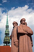 Latvia, Riga, Old Riga, Vecriga, Latvian Riflemen Monument and St Peter's Lutheran Church