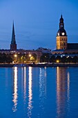 Latvia, Riga, Vecriga, Old Riga, Dome Cathedral and Daugava River, evening